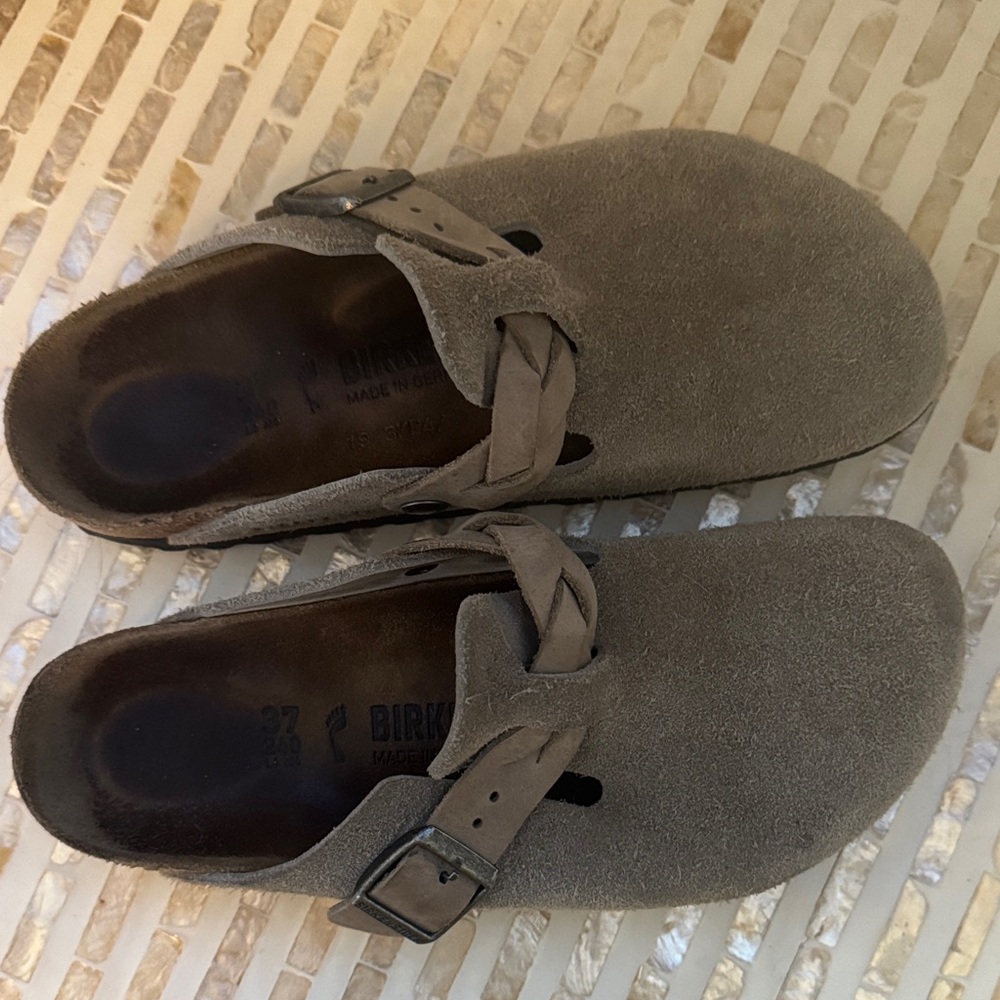 Birkenstock Taupe Suede Slip-Ons with braided strap